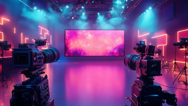 Empty television studio with multiple cameras filming a large led screen with vibrant neon lights