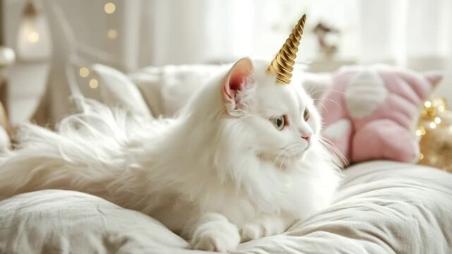 Adorable long-haired white cat with a golden unicorn horn relaxing on a cozy sofa at home