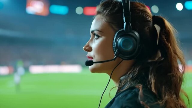 Profile of a beautiful female sportscaster providing live commentary during a soccer match