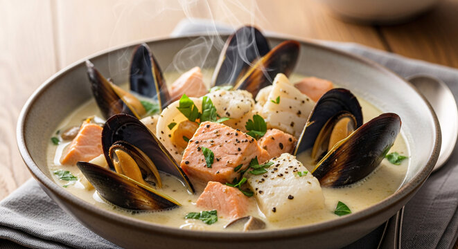 Steaming creamy seafood chowder with salmon and mussels served in a bowl, cozy comfort food scene
