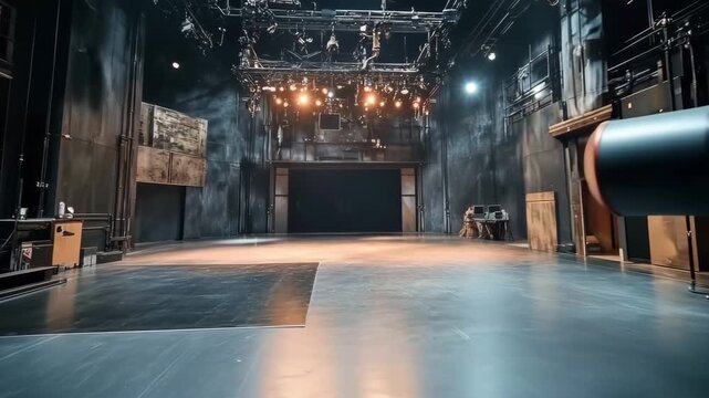 Empty film set with professional camera equipment and theatrical lighting ready for shooting a scene