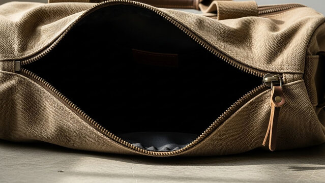 Open tan canvas travel duffle bag with leather zipper pull and dark interior, ready for packing on a concrete floor.