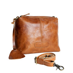 Beautiful tan vintage style leather bag on white background