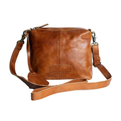 Beautiful tan vintage style leather bag on white background