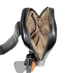 Open and empty leather bag isolated on white background