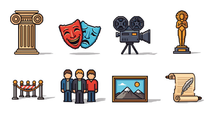 A collection of entertainment icons including a theater mask, film reel, Oscar statue, and art elements in colorful vector style, ideal for cultural projects