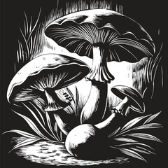 Detailed black and white illustration of a cluster of forest mushrooms