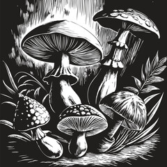 Detailed woodcut illustration of various mushrooms in a forest setting