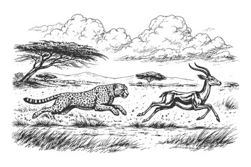 Vintage Hand Drawn Vector Illustration of a Fast Cheetah Chasing a Gazelle in the African Savannah Grassland in Detailed Black and White Line Art Style. © Chairul