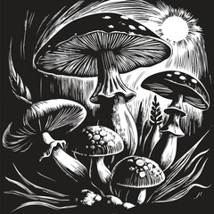 A detailed black and white illustration of mushrooms under a bright moon