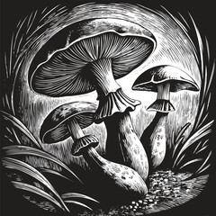 Detailed woodcut illustration depicting a cluster of forest mushrooms