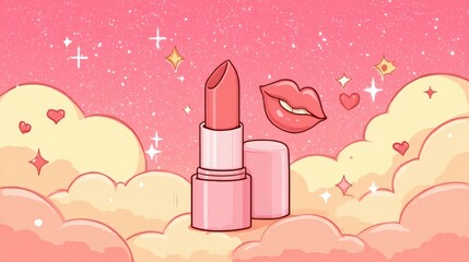 Vibrant Pink Lipstick on Cloudy Background with Sparkles and Hearts