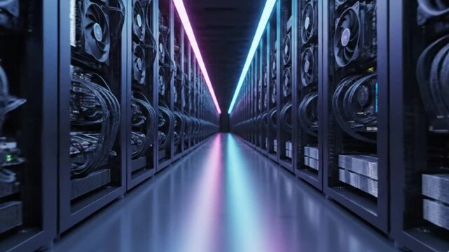 Perspective view down a server room corridor with pink and blue neon lights illuminating the path