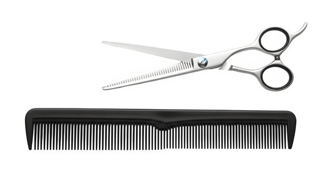 Hair cutting tools scissors and comb on black background