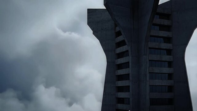 Dystopian Brutalist Corporate Headquarters Shrouded in Fog