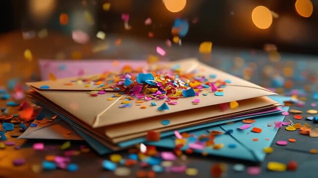 Festive Stack Of Envelopes With Colorful Confetti Falling