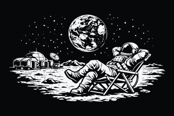 Astronaut Relaxing on a Beach Chair on the Moon Surface with Earth View in the Background Hand Drawn Vintage Woodcut Style Vector Illustration. © Chairul