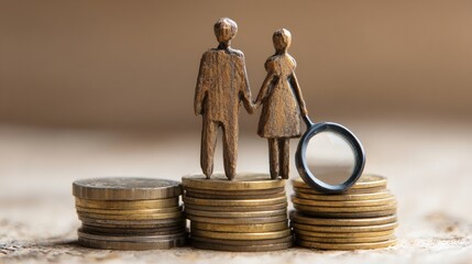 Couple Holding Hands with Magnifying Glass on Stacked Coins