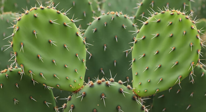 Close-up of vibrant green cactus pads with sharp spines