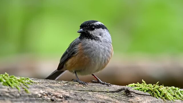 Small songbird with black cap and grayish body perched on mossy wood