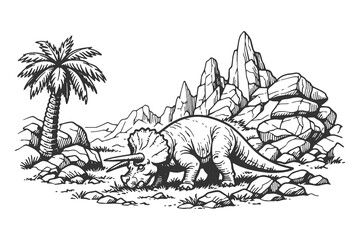 Detailed Triceratops Dinosaur in a Rocky Prehistoric Landscape with Palm Trees in Vintage Hand Drawn Woodcut Vector Illustration Style. © Chairul