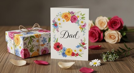 A bouquet of roses and a gift box with a 'dad' card on a wooden table with flower petals