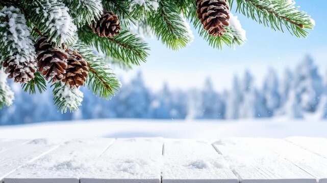 Snow covered pine branches and pinecones with a white wooden surface and blurred winter forest background