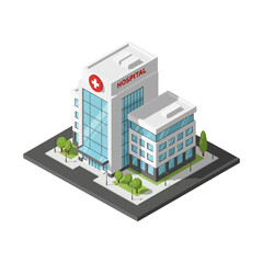Modern Hospital Building Isometric View with Medical Cross Symbol.