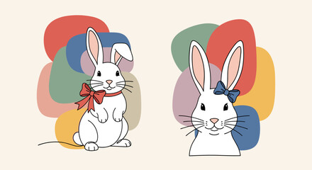 Fototapeta premium A set of cute cartoon rabbits with colorful abstract backgrounds in minimalist vector style, perfect for children’s products and illustrations
