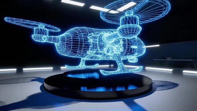 A 3D wireframe model of a spaceship on a circular black platform in a dimly lit room