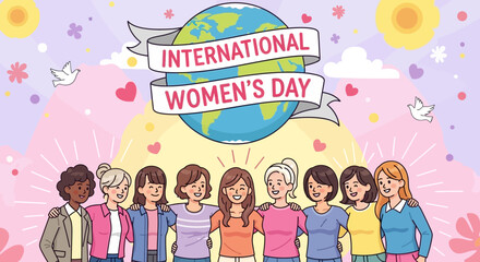 Obraz premium Cute Cartoon International Womens Day Banner with Diverse Women Group