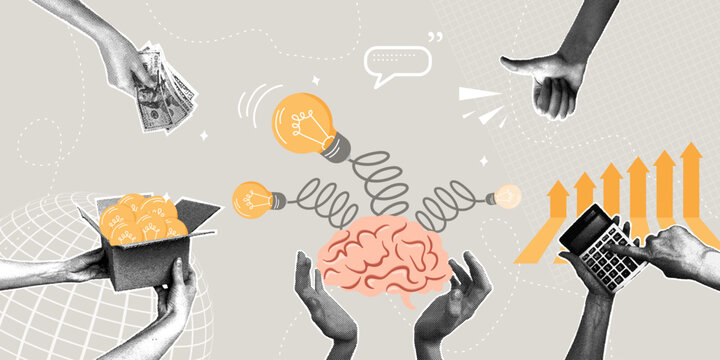 Funding ideas and business development. Trendy halftone collage. Innovation and investment. Concept of new business ideas, innovations, and ideas born in the brain. Vector illustration.