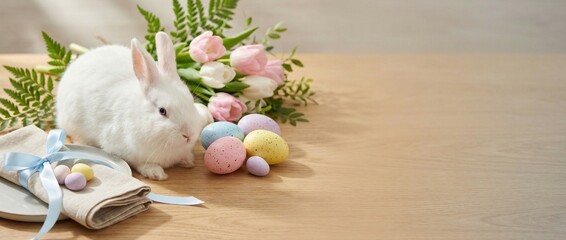 White rabbit with easter eggs and flowers on wooden table  