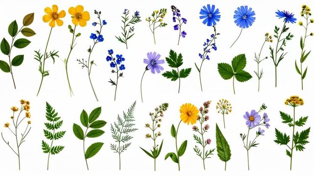 Collection of Wildflowers and Green Leaves Isolated on White Background