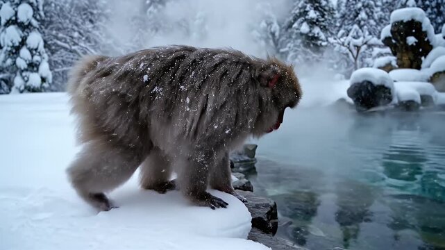 Japanese Snow Monkey Enjoys Steaming Hot Spring Water Surrounded by Winter Snowfall in Natural Landscape