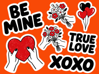 Naklejka premium Valentines Day Stickers Set with Romantic Phrases and Love Symbols.