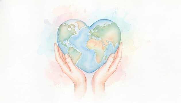 Watercolor World Earth Day illustration of hands holding a heart shaped planet Earth with soft pastel splashes and copy space. Love the planet, environmental protection and sustainability concept.