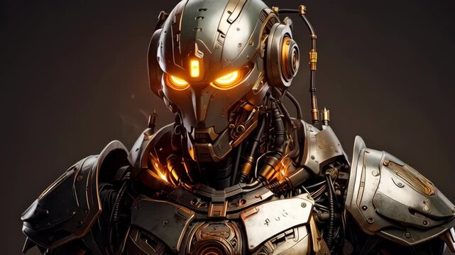 Close-up of a menacing steampunk robot with glowing orange eyes and steam rising