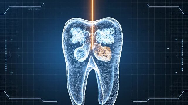 Futuristic dental technology showing a laser beam treating a tooth structure