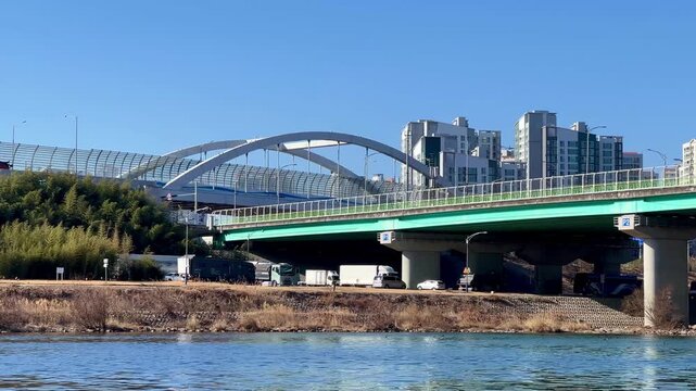 Video of the well-organized traffic infrastructure and clean urban layout of expressway, bridge, underpass and river, reflect advanced city planning and modern transportations.