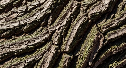 Close-up Macro View of Rough Textured Tree Bark with Green Moss.
