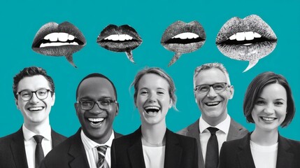 Diverse Group of Smiling Professionals with Speech Bubbles Background