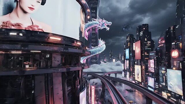 Futuristic cyberpunk city at night with neon lights flying vehicles train tracks