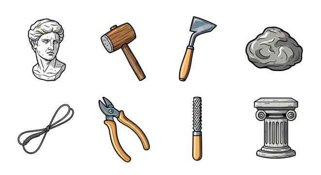 A collection of sculpting tools including a mallet, chisel, and pliers with a classical sculpture head and column in a clean vector style, ideal for art and design projects
