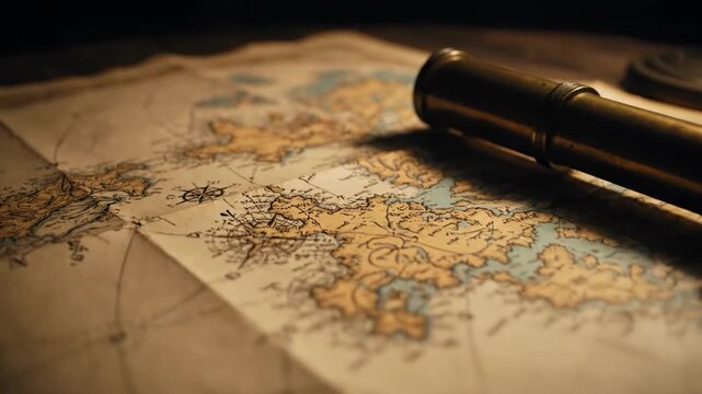 A nostalgic still life featuring an old map, compass rose, and brass telescope evokes a sense of adventure and discovery, well-suited for travel blogs