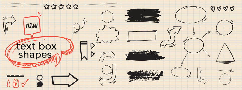 Text box collection. Rectangle and round shapes with pencil sketch texture. Grunge crayon outline text boxes for notes. Hand drawn doodle shapes.

