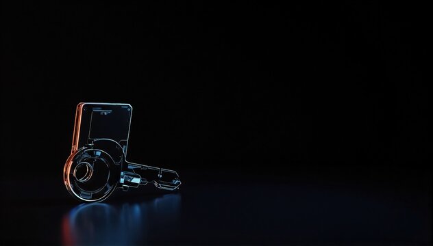 a modern smartphone with a glowing Apple logo on its sleek back, resting on a dark reflective surface