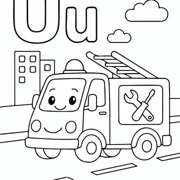 Cartoon utility truck drives on city road in coloring page for kids learning the letter Uu.