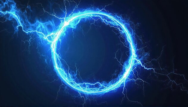 a glowing ring of crackling blue lightning suspended in darkness, arcs sparking outward with intense electric energy