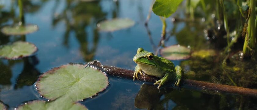 Wetland Habitat. Animal Habitats Around the World. Education / Environment. A frog sitting near water plants, set in a wetland pond environment, with a visual aesthetic that is fresh and bright
